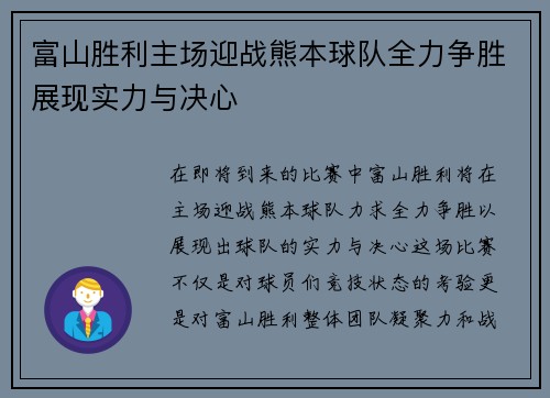 富山胜利主场迎战熊本球队全力争胜展现实力与决心